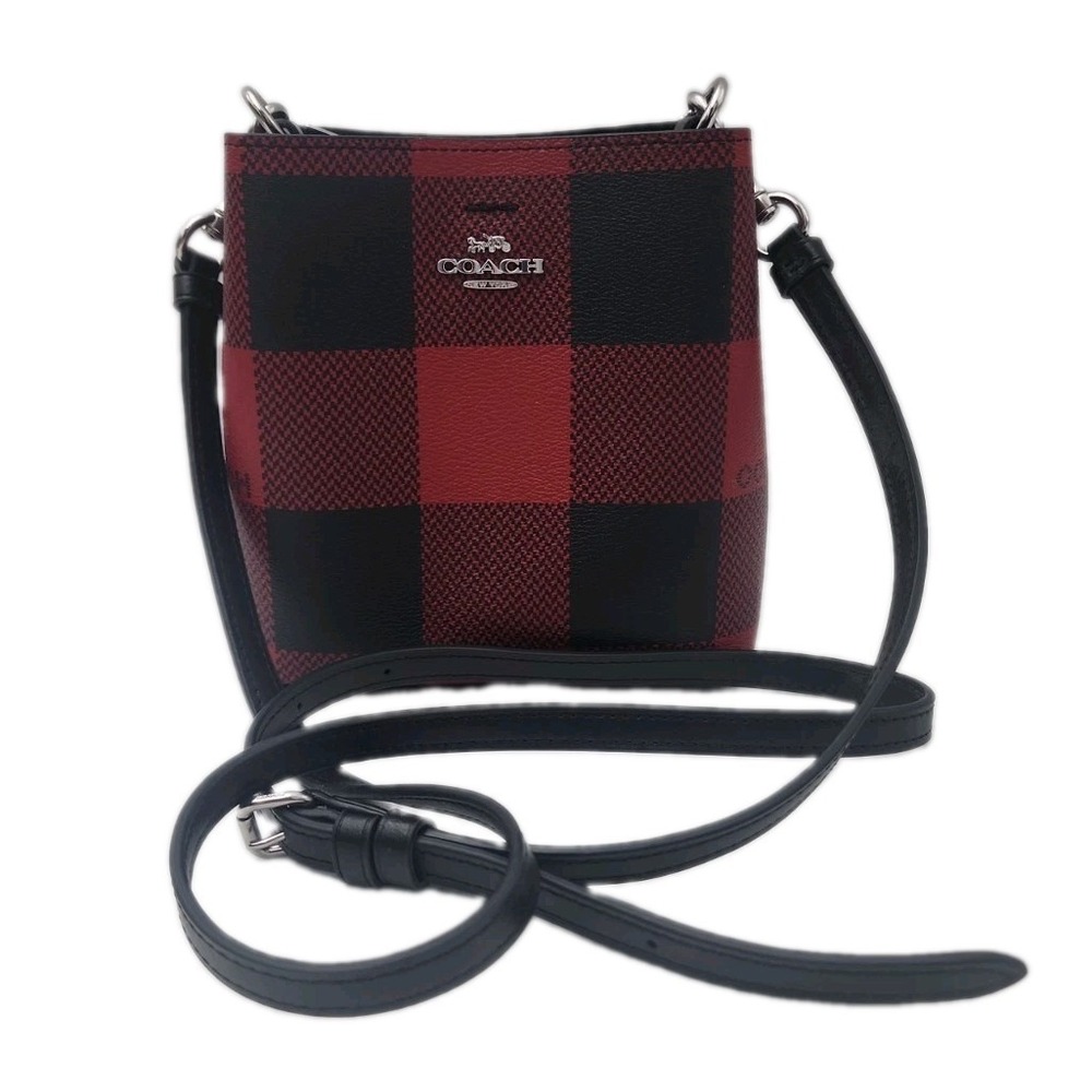 NWOT Coach Mini Town Bucket Bag In Buffalo Plaid Print Red Black C7267